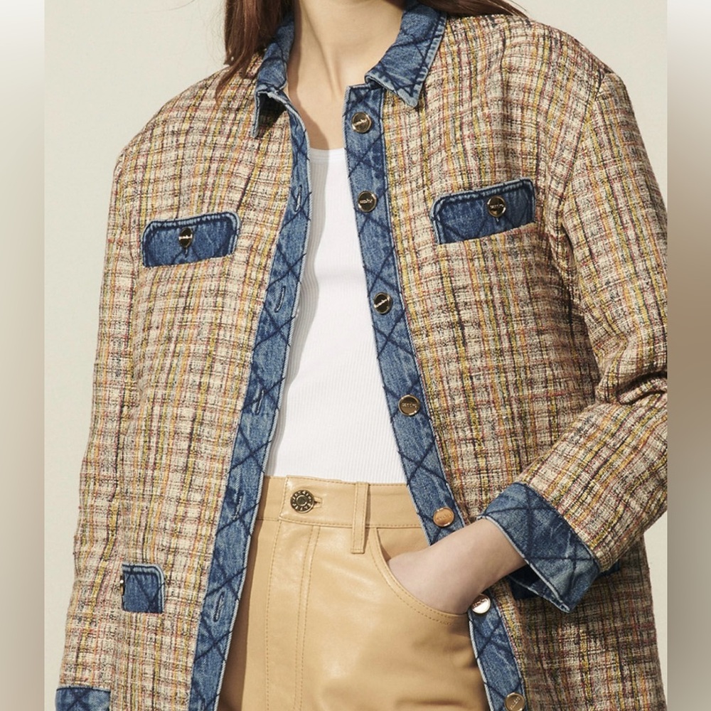 Sandro Christine Quilted Trim Tweed Jacket
